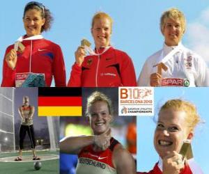 yapboz Betty Heidler şampiyonu Tatiana Lysenko ve Anita Włodarczyk (2 ve 3) Avrupa Atletizm Şampiyonası&#039;nda Barcelona 2010 çekiç atma